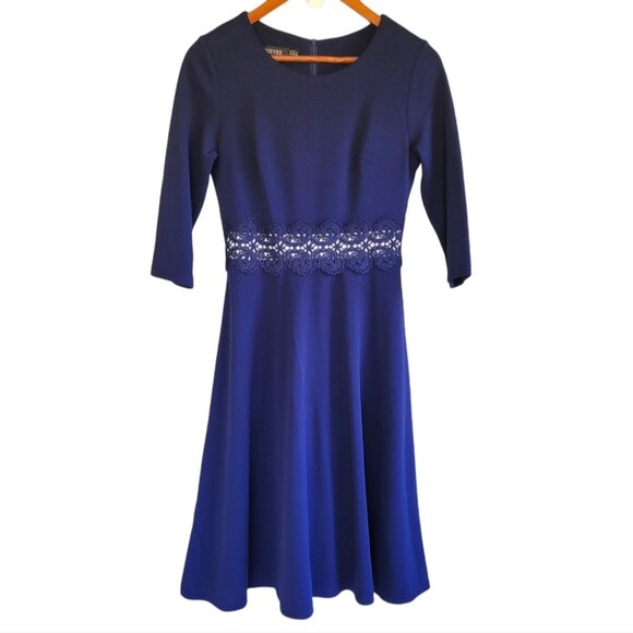 NWT Homeyee Midi Blue Dress w Lace Waistband Small 4 - Picture 2 of 11